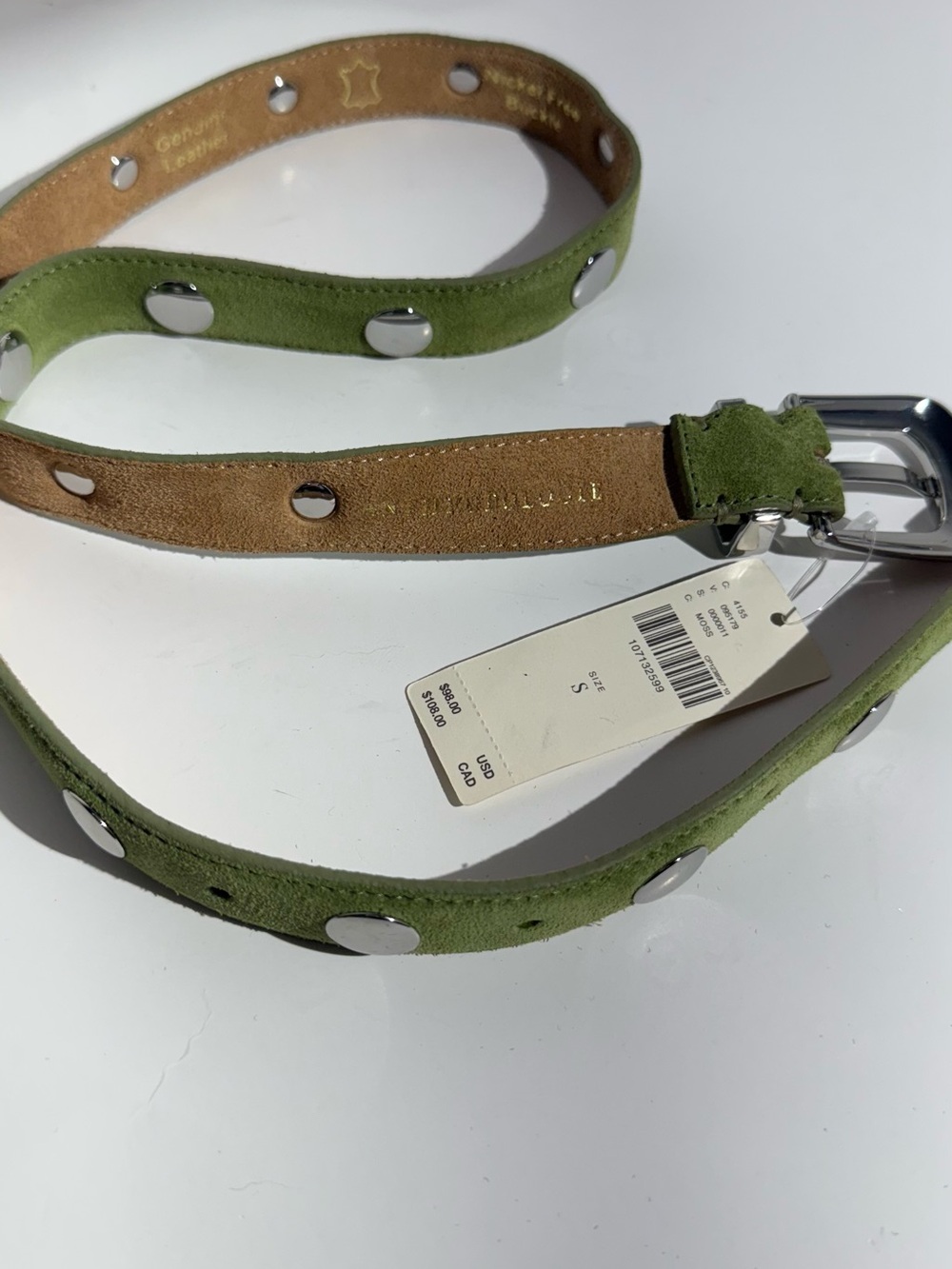 NWT Anthropologie Olive Pistachio Green Suede Belt Silver Studs Summer Trend - Picture 7 of 7